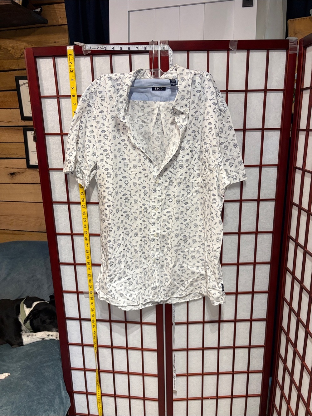 Izod White Short-Sleeve Button-Down with Navy Micro Print
